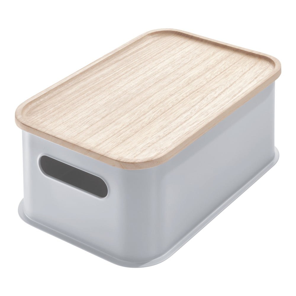 Šedý úložný box s víkem ze dřeva paulownia iDesign Eco Handled