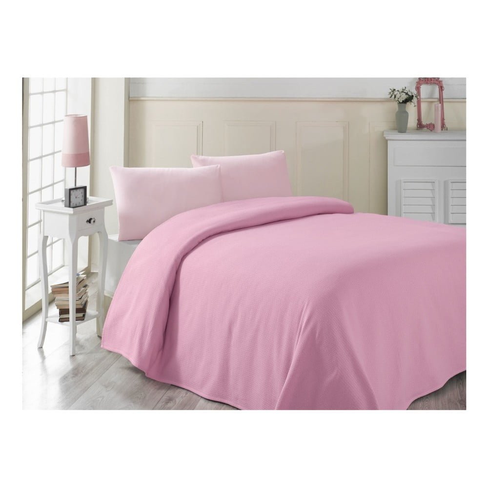 Růžový bavlněný lehký přehoz přes postel Pembe