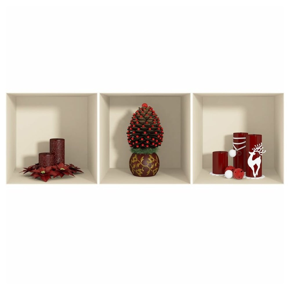 Sada 3 vánočních samolepek s 3D efektem Ambiance Red Candles and Christmas Tree