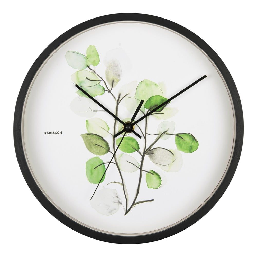 Zeleno-bílé nástěnné hodiny v černém rámu Karlsson Eucalyptus